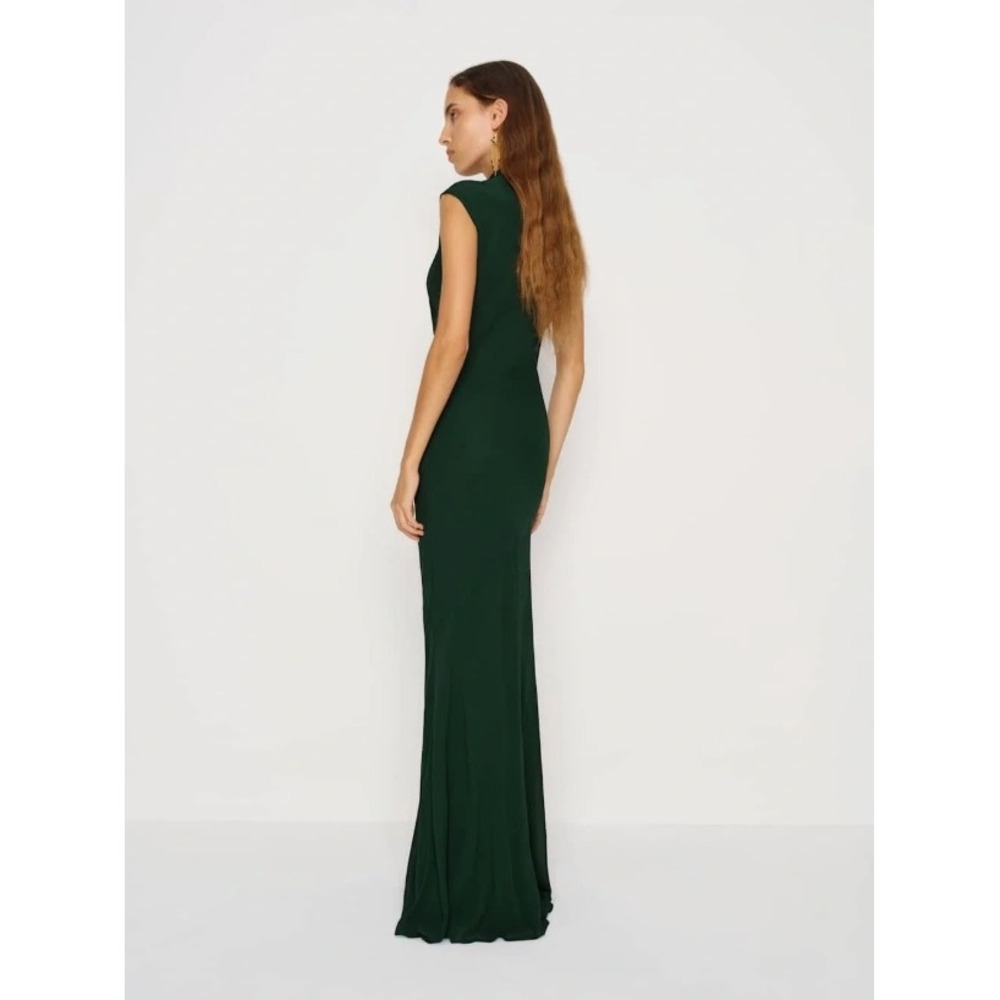 NWT Reformation Alizee Dress Forest Green Mock Neck Chiffon Maxi Gown Slvless 4 - Picture 3 of 9